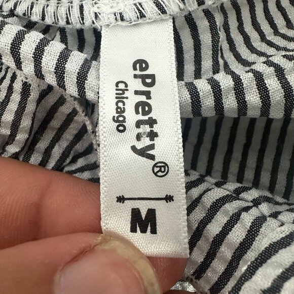 Black And White Striped ePretty Ruffle Button Up Blouse Size M Lightweight Chic - Picture 5 of 8